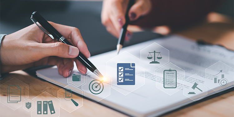Contract review with icons associated with buying a business.