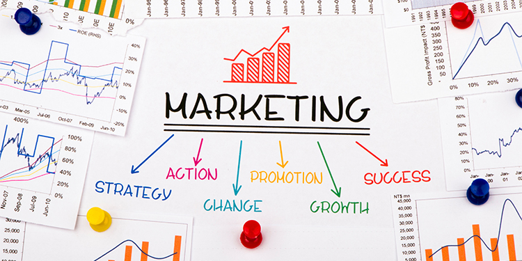 The word "marketing" with the various functions of marketing written around the word.